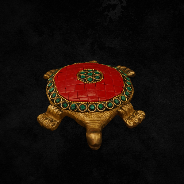 RakthaShakti Brass Vastu Tortoise – Flat Mid-Size with Red Stones